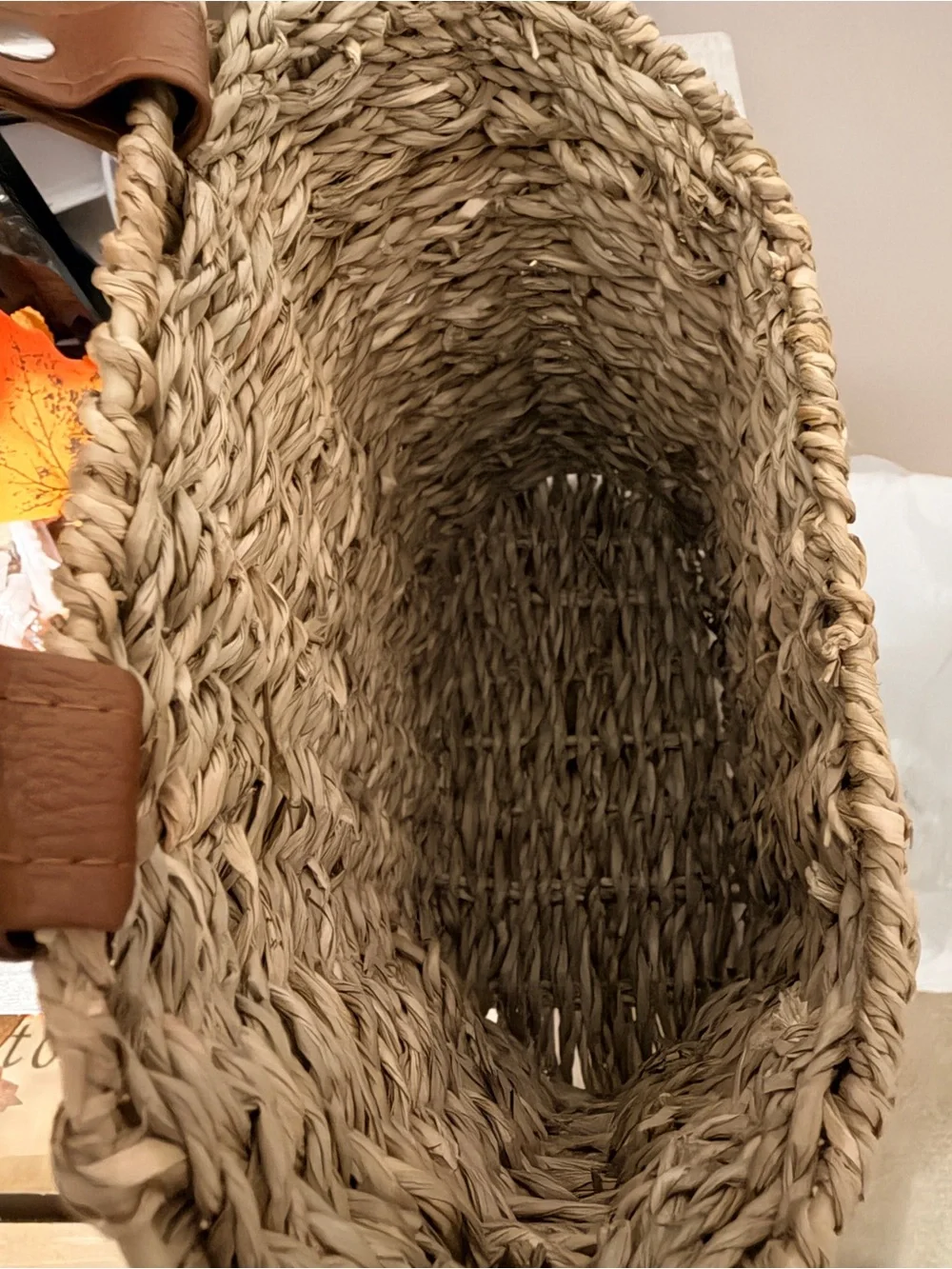 Woven Straw storage with Brown Leather Handles - Natural